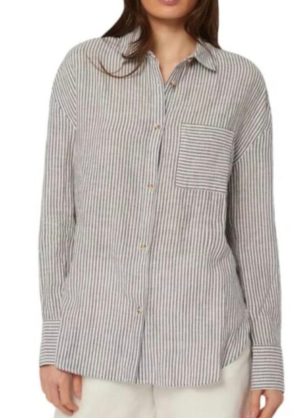 ONIA Air Linen Striped Long-Sleeve Boyfriend Shirt Grey Resort Women's L